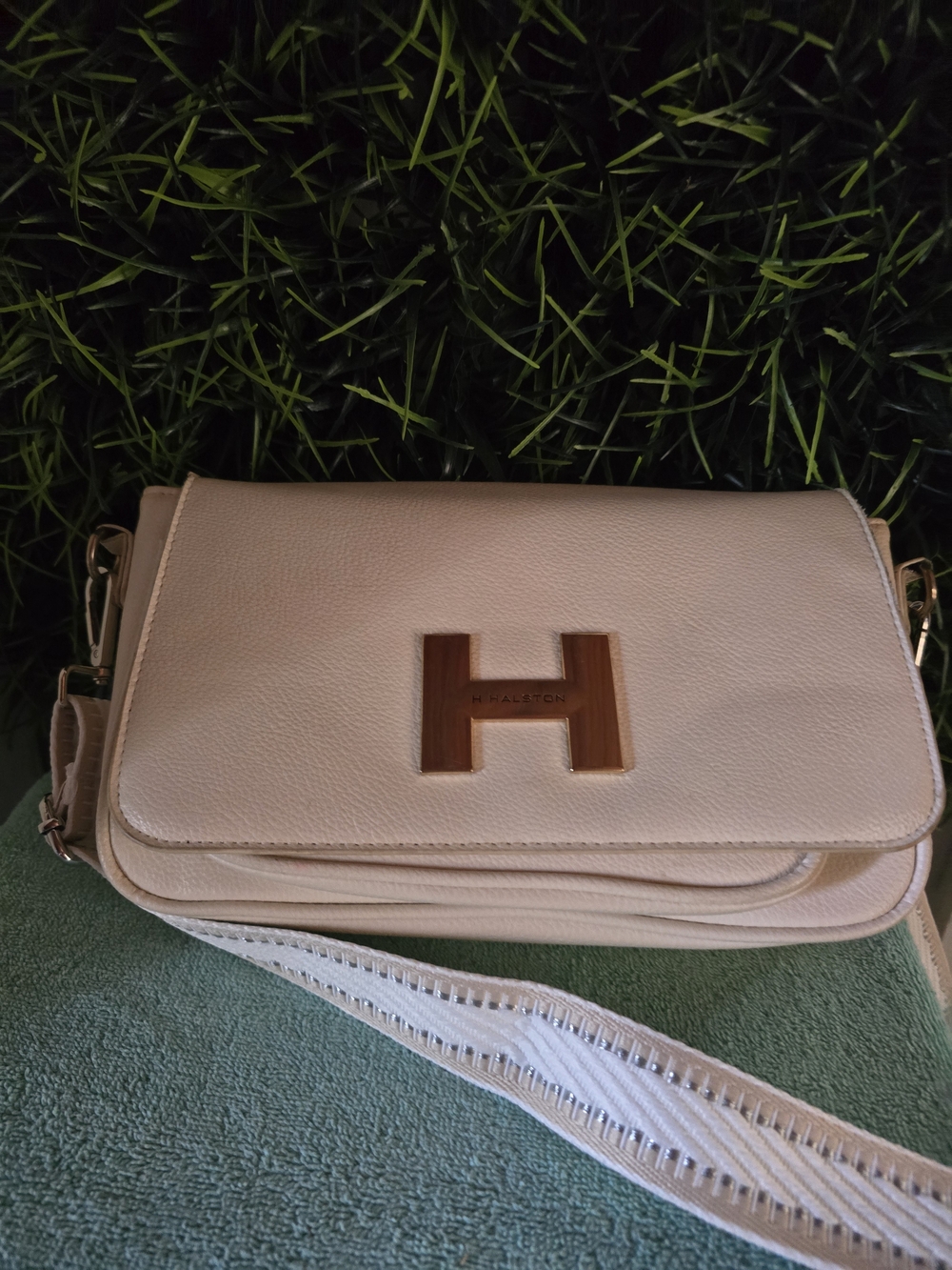 H by Halston Beige Leather Crossbody with Gold H Accent